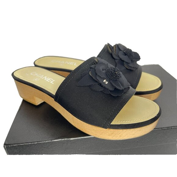 CHANEL CC 2015 Interlocking CC Logo Slides Shoes Sandals Wood +Box Sz 38 US 7.5 - Picture 7 of 16